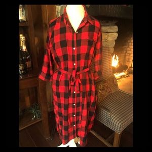 Black and red flannel shirt dress.